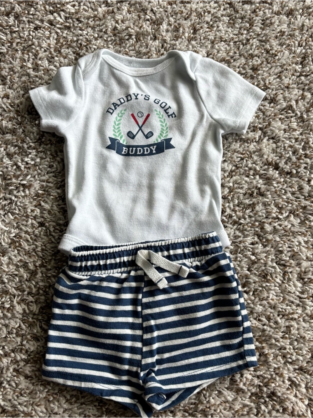 Kids White "Daddy's Golf Buddy" Pajama Set with Navy Striped Shorts